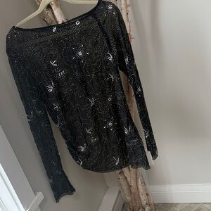Black Sheer Long Sleeve Top with Silver embellishments